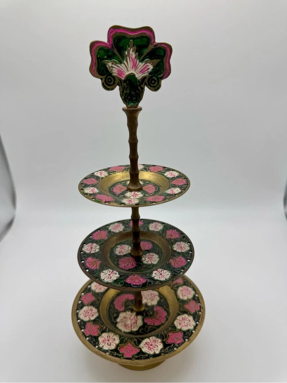Vintage, floral-patterned brass and enamel 3-tier tray stand